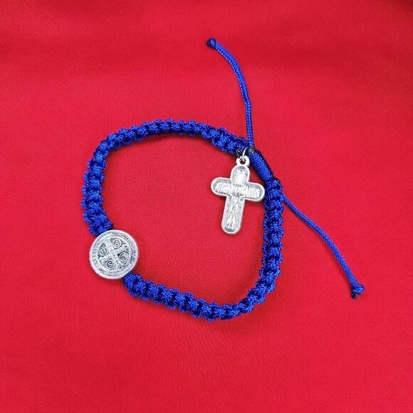 St. Benedict Blessed Cross Blue Bracelet Adjustable String Silver Tone Metal - Picture 2 of 6